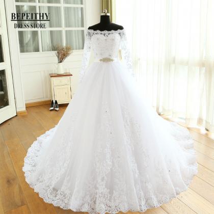 Xw28 Off The Shoulder Ball Gown Lace Wedding Dress..