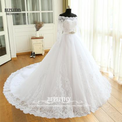 Xw28 Off The Shoulder Ball Gown Lace Wedding Dress..