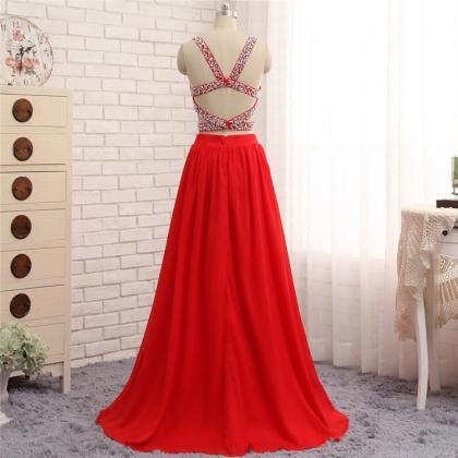 P1 Sexy Two Pieces Chiffon Beads Red Dresses,v..