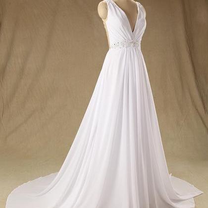 Sleeveless Plunging V-Neck Beaded Chiffon A-line Wedding Dress With