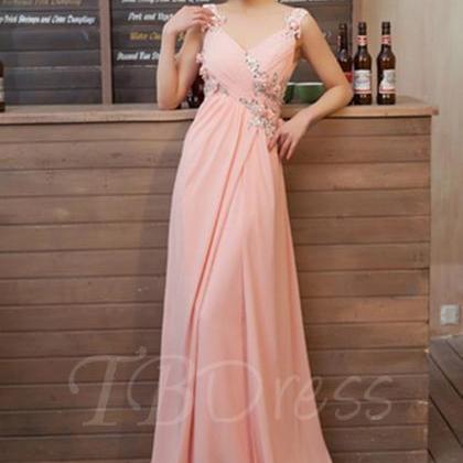 Sleeveless V-neck Ruched Beaded A-line Long Prom..
