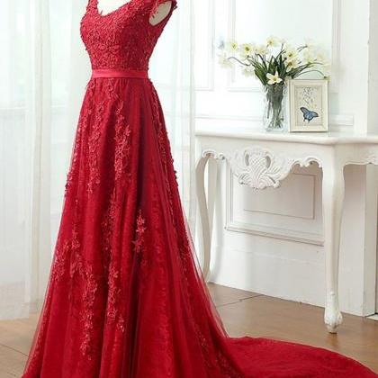 P66 Charming Red Tulle Applique Lace Prom..