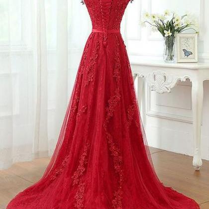 P66 Charming Red Tulle Applique Lace Prom..