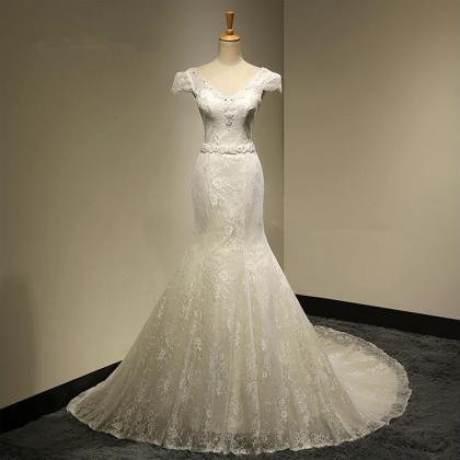 V-neck Beaded Lace Mermaid Wedding Dress With Cap..