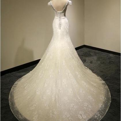 V-neck Beaded Lace Mermaid Wedding Dress With Cap..