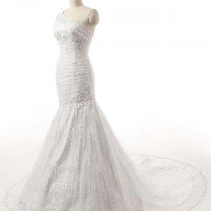 One Shoulder Long Lace Mermaid Wedding Dress,full..