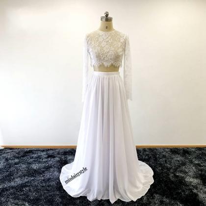 Two Piece Wedding Gown,long Sleeves Lace Wedding..