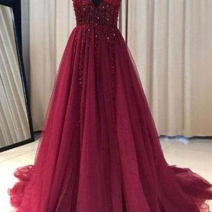 Elegant Red Wine Tulle Beaded V-neckline Prom..