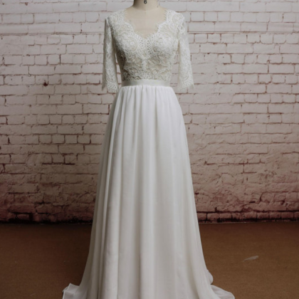 V-neck Lace A-line Chiffon Wedding Dress Featuring..
