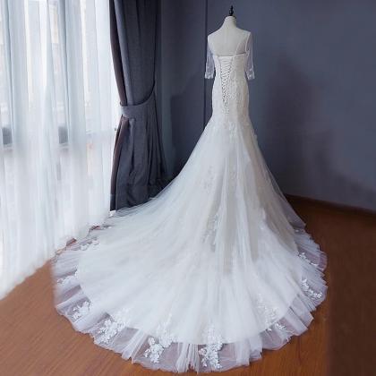 Sheer Floral Lace Appliqués Mermaid Wedding Dress..