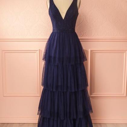 Deep V Neck A Line Long Tulle Navy Blue Lace Top..