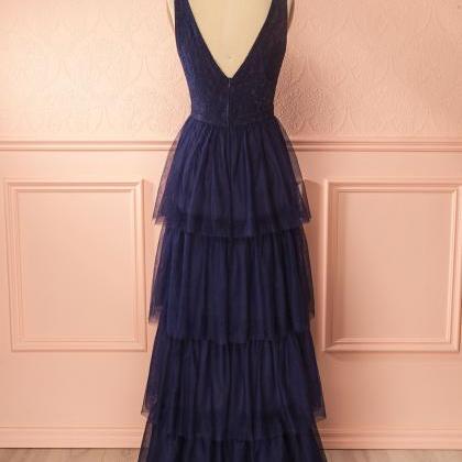 Deep V Neck A Line Long Tulle Navy Blue Lace Top..