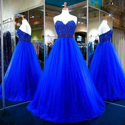 Royal Blue Strapless Sweetheart Lace Beaded Tulle..