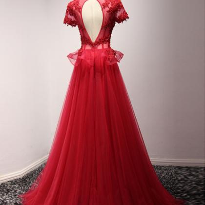O Neck Red Tulle Long Prom Dress With Appliques,..