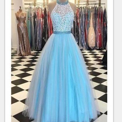 F614 Light Blue Prom Dresses,lace Prom..