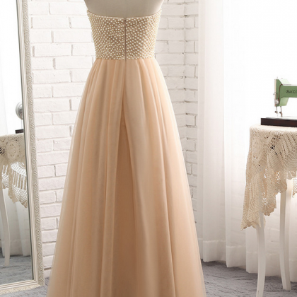 Champagne Strapless Sweetheart Pearl Beaded Tulle..