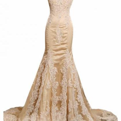 F682 Champagne Prom Dresses, Lace Prom Dress,..