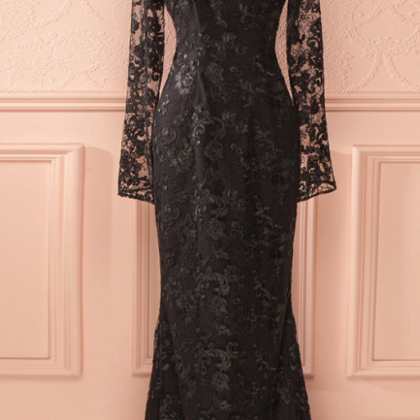 P1134 Prom Dress,black Prom Dress,long Sleeve Lace..