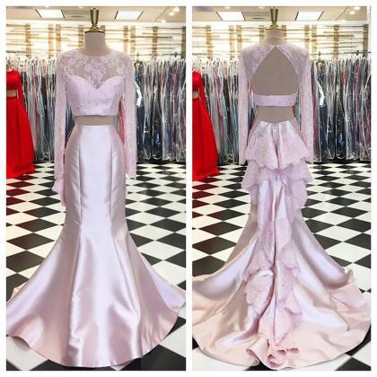P1201 Pink Two Piece Prom Dress, Long Sleeve..