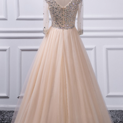 P1237 A-line V-neck Beaded Top Tulle Prom Dress,a..