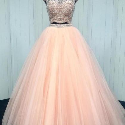 P1254 Pink Beads Two Pieces Tulle Long Prom Dress,..