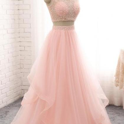 P1279 Pink Two Pieces Beads Tulle Long Prom Dress,..