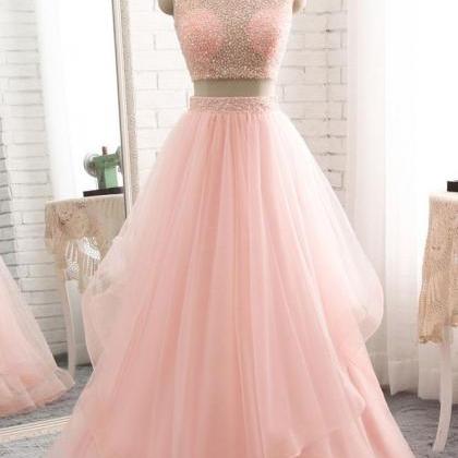 P1279 Pink Two Pieces Beads Tulle Long Prom Dress,..