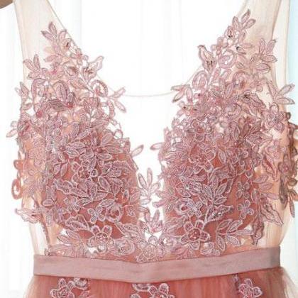 P1280 Pink V Neck Tulle Lace Long Prom Dress,..