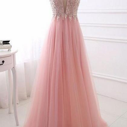 P1281 Pink V Neck Tulle Long Prom Dress, Pink..
