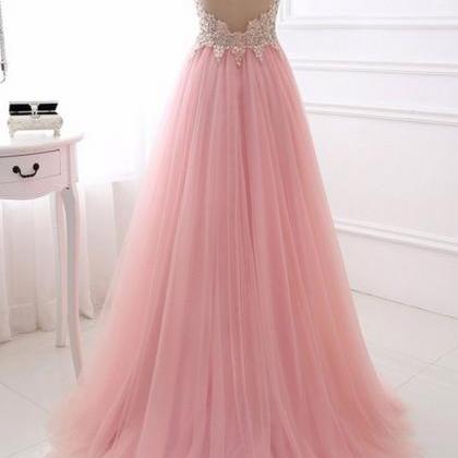 P1281 Pink V Neck Tulle Long Prom Dress, Pink..