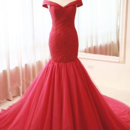 P1287 Red Tulle Mermaid Long Prom Dress, Red..