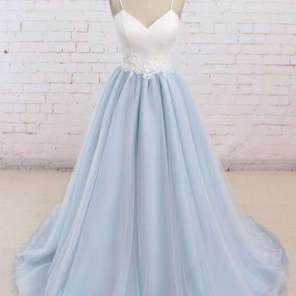 P1294 Simple Blue Tulle Long Prom Dress, Tulle..