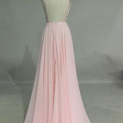 P1298 Simple V Neck Pink Long Prom Dress, Backless..