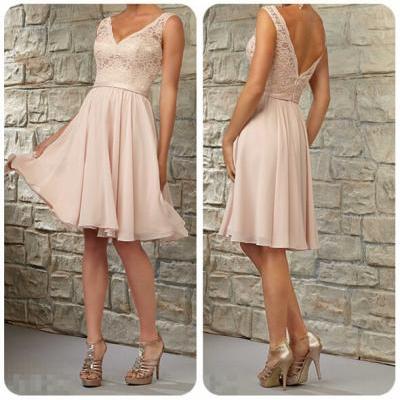F24 Sexy V Neck Knee Length Bridesmaid Dresses, Belt Bridesmaid Dress On Sale, Pink Chiffon Short Prom Dress Evening Dresses
