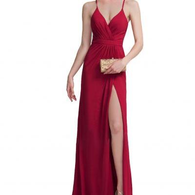 P110 Sheath Column V-neck Floor-Length Jersey Evening Dress With Ruffle,Red Prom Dress with Side Split,Deep V Neck Long Sexy Evening Party Dress,Sexy Red Prom Dress with Side Split