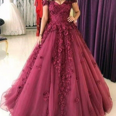 P1048 burgundy prom dresses, ball gown prom dresses, tulle prom dresses, lace prom dress, hand made flower prom dress,off the shoulder a line long tulle burgundy prom dress