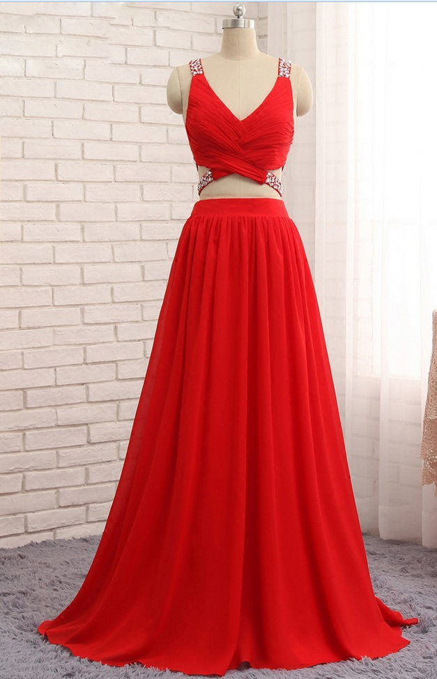 P1 Sexy Two Pieces Chiffon Beads Red Dresses,v Neck A Line Sleeveless Long Prom Gowns
