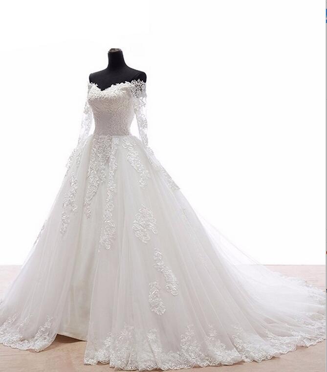 Xw66 Fabulous Off Shoulder Court Train Long Sleeves Wedding Dress With Lace Appliques,off The Shoulder Long Sleeve Wedding Dress,sheer Back Lace