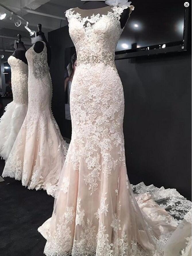 Sheer Lace Appliqués Mermaid Wedding Dress With Cap Sleeves And Court Train