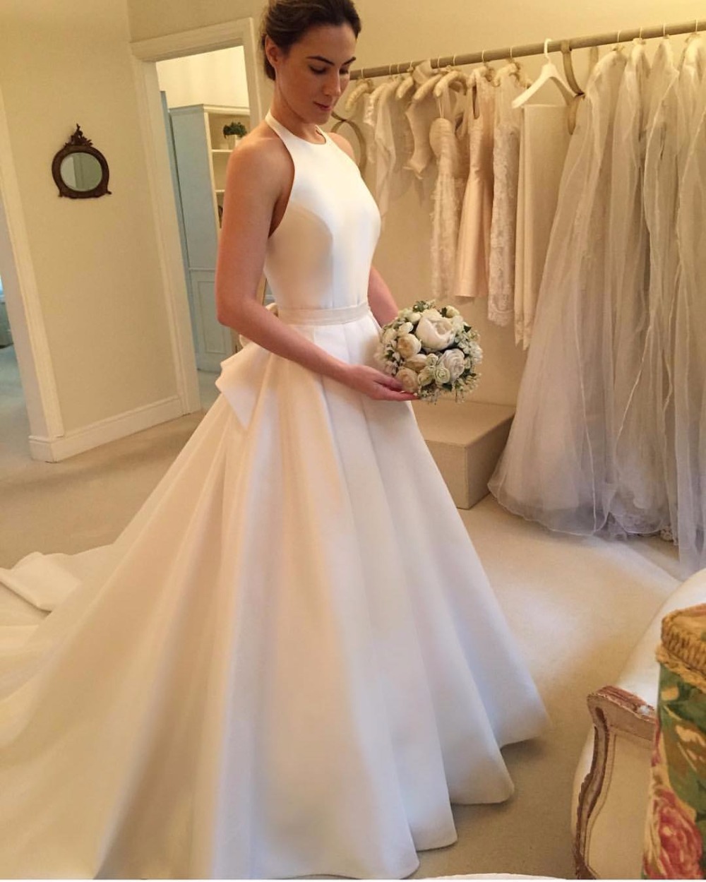 Satin Halter  Neck Floor Length A Line  Wedding  Dress  