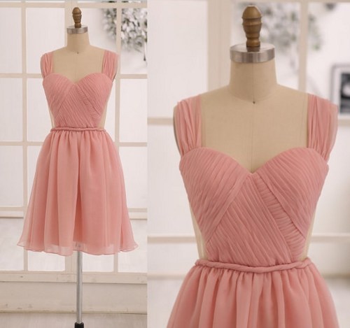 Blush Pink Ruched Chiffon Sweetheart Shoulder Strap Short Homecoming Dress Featuring Open Back