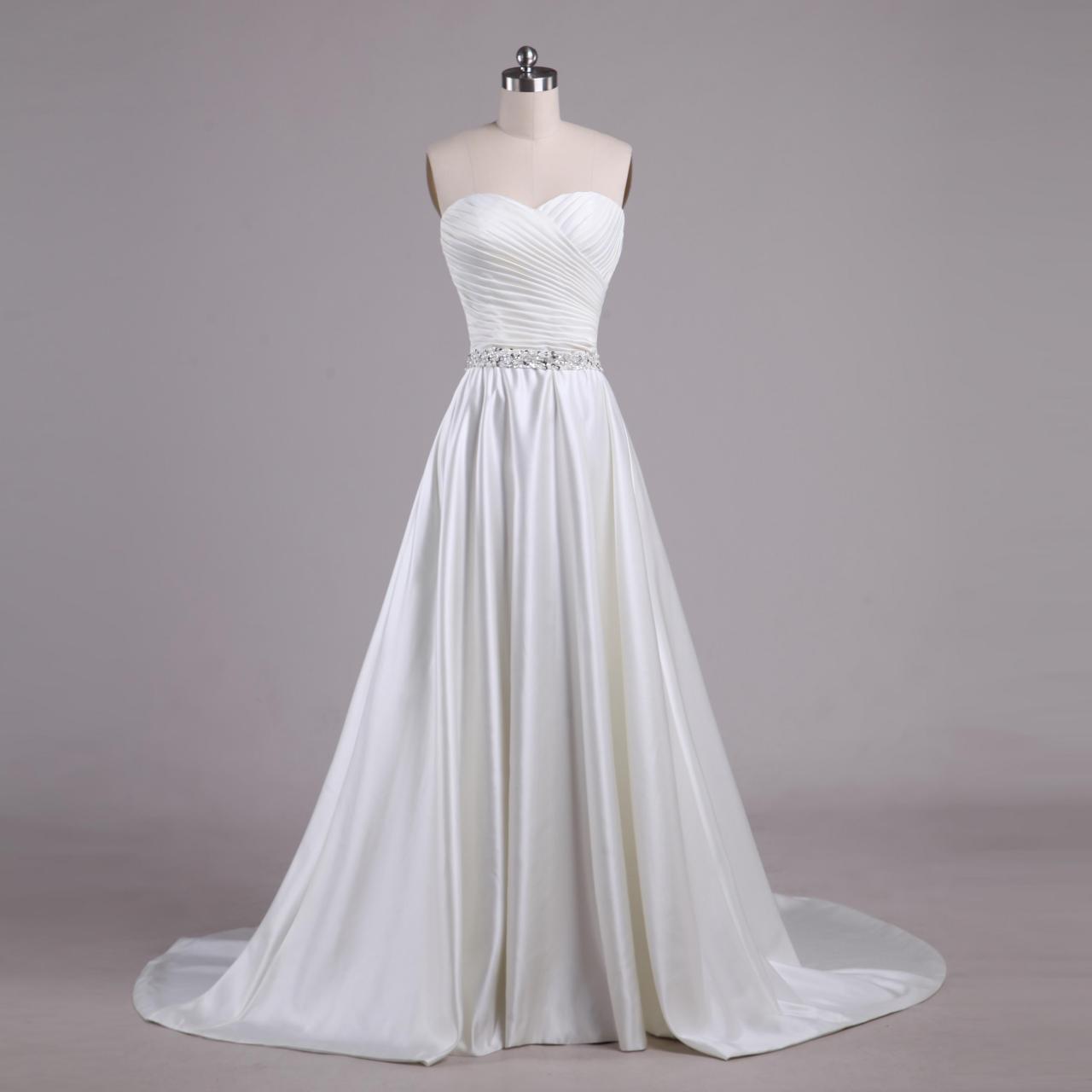 Satin Sweetheart Floor Length A-line Wedding Dress Featuring Sweep Train And Beaded Embellished Belt