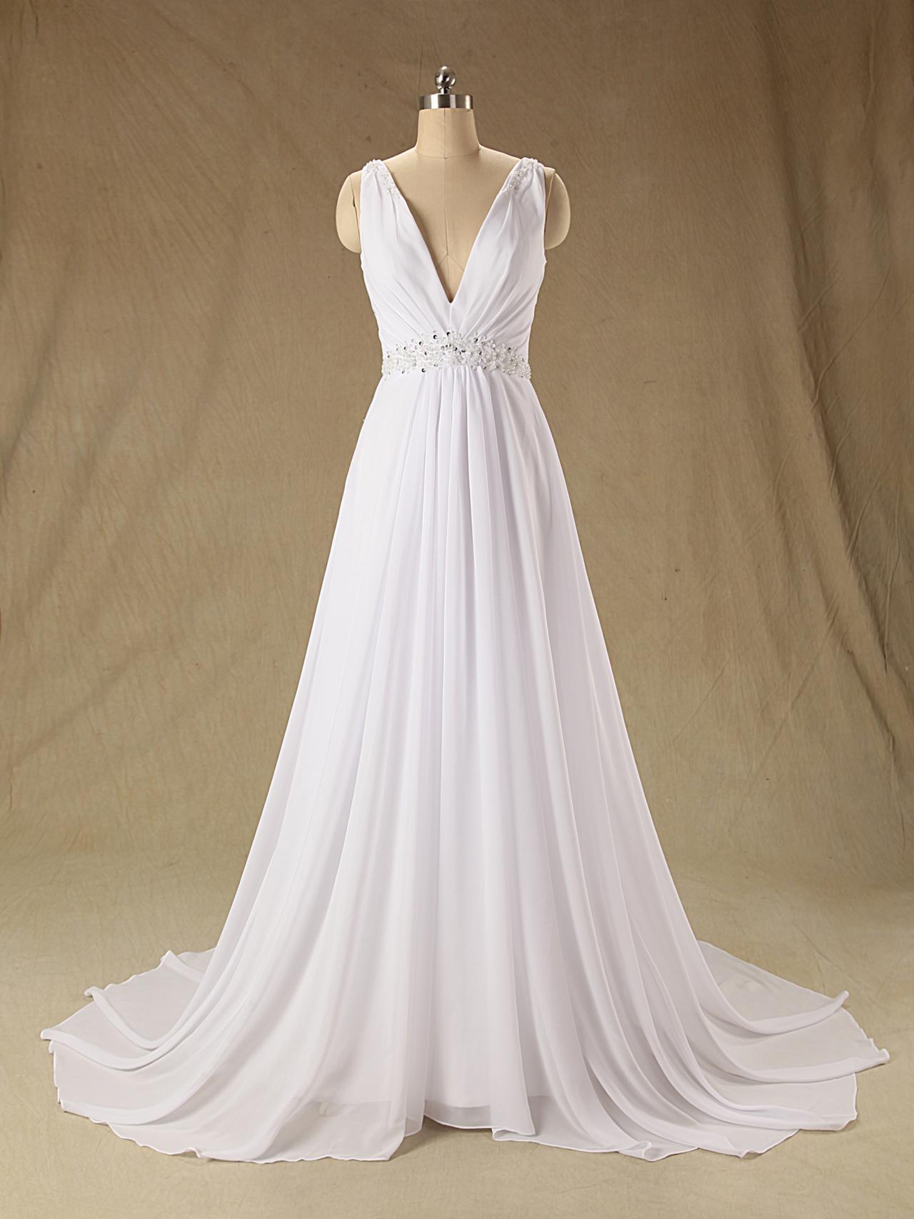 Sleeveless Plunging V-neck Beaded Chiffon A-line Wedding Dress With Sheer Back