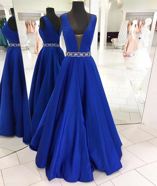 Royal Blue Plunging V Beaded Satin A-line Floor-length Prom Dress, Evening Dress