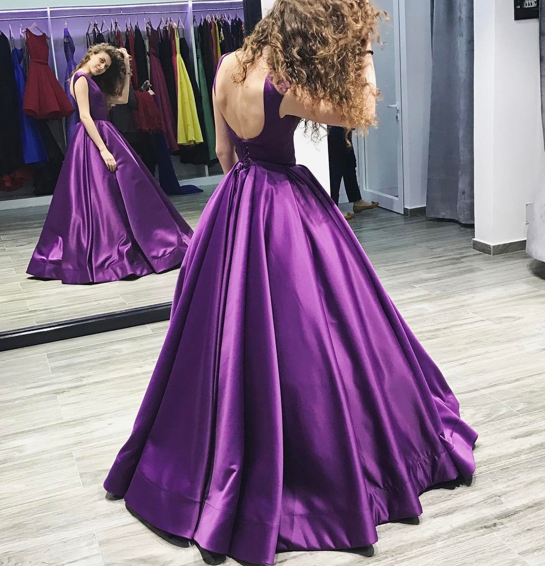 purple satin ball gown