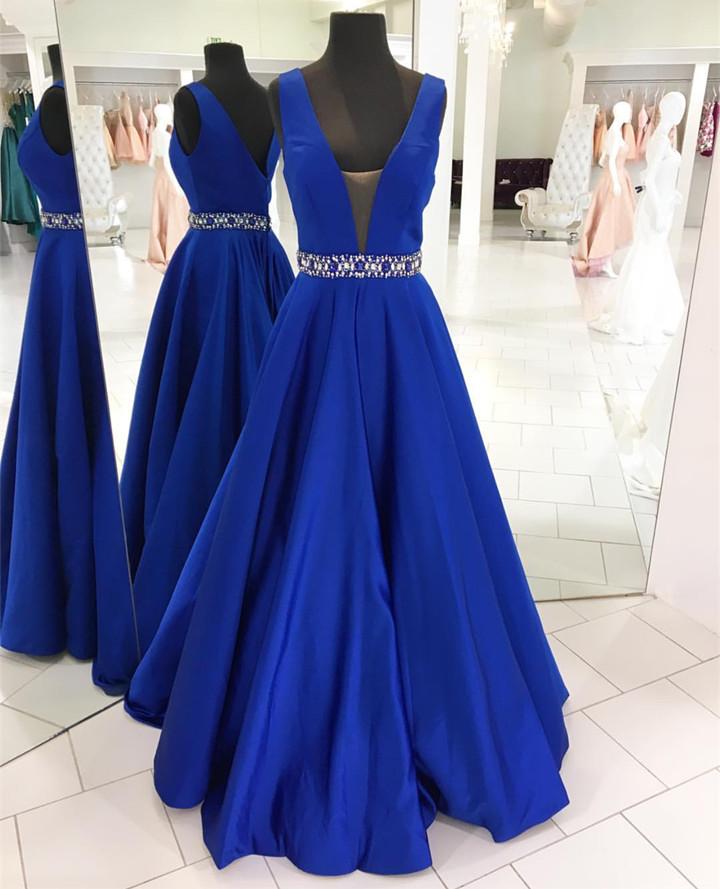Royal Blue Plunge V Sleeveless Floor Length Satin Formal Dress Featuring Beaded Embellished Belt