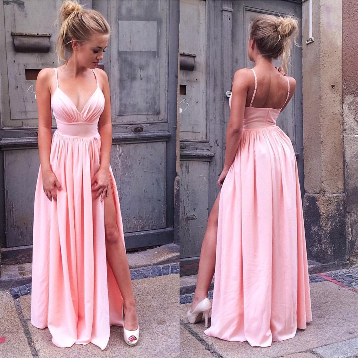 pink long satin dress