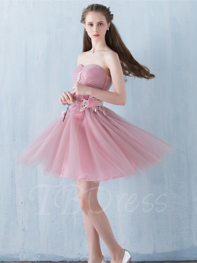 F168 A-line Sweetheart Appliques Pleats Sashes Homecoming Dress,strapless Bridesmaid Dress