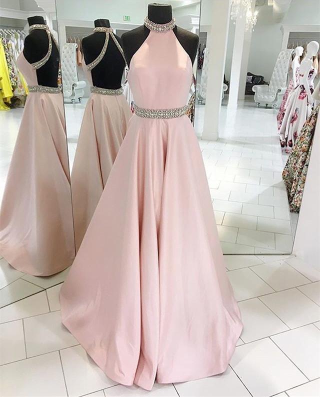 P50 A-line Crystal Beaded High Neck Open Back Satin Prom Dresses 2018,prom Dress,a Line Long Satin Prom Dress,halter Neck Long Satin Prom