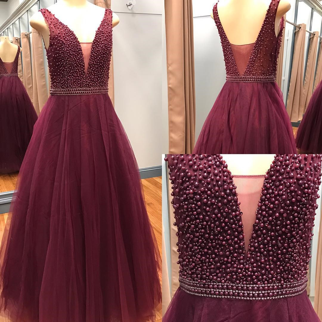 Sleeveless Plunging V A-line Floor-length Prom Dress, Evening Dress With Pearl Embellished Bodice And V Back